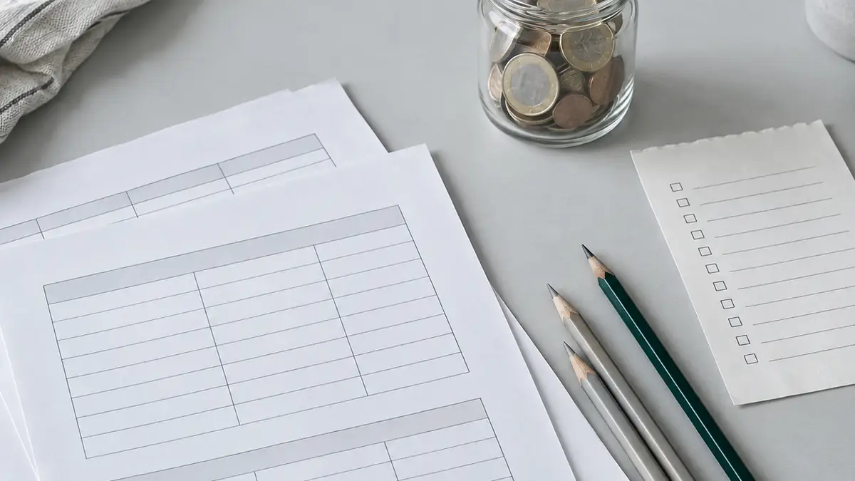 Plantillas de presupuesto impresas, tres lápices y un bote con monedas sobre la mesa del taller
